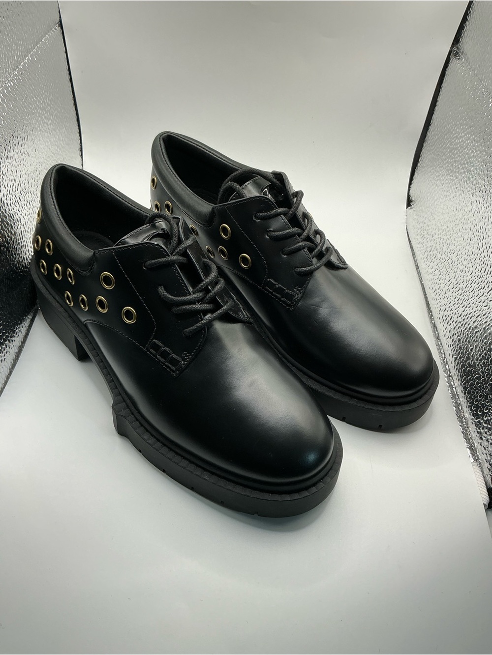 Coach Black Leather Lug Sole Loafers with Gold Eyelet Detail - Picture 9 of 9